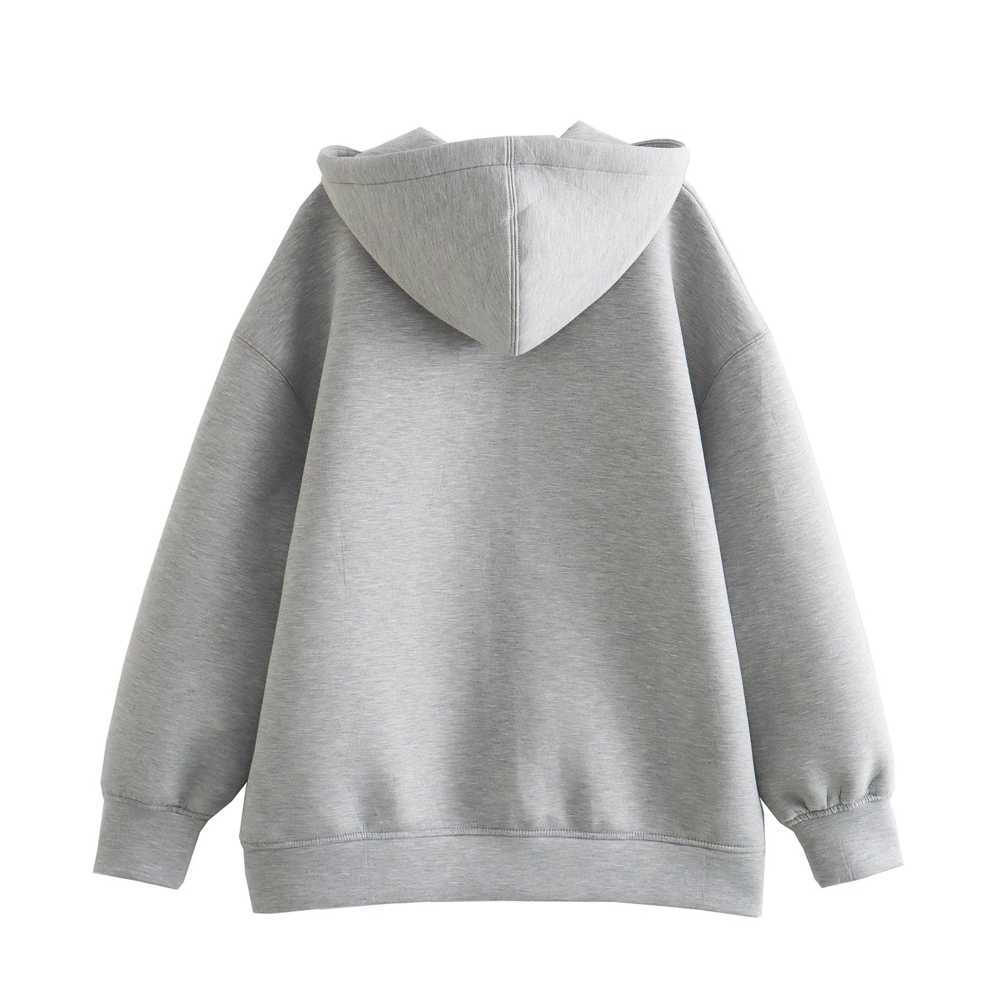 Back view of a gray oversized zip up hoodie for women with a cozy hood and wide sleeves