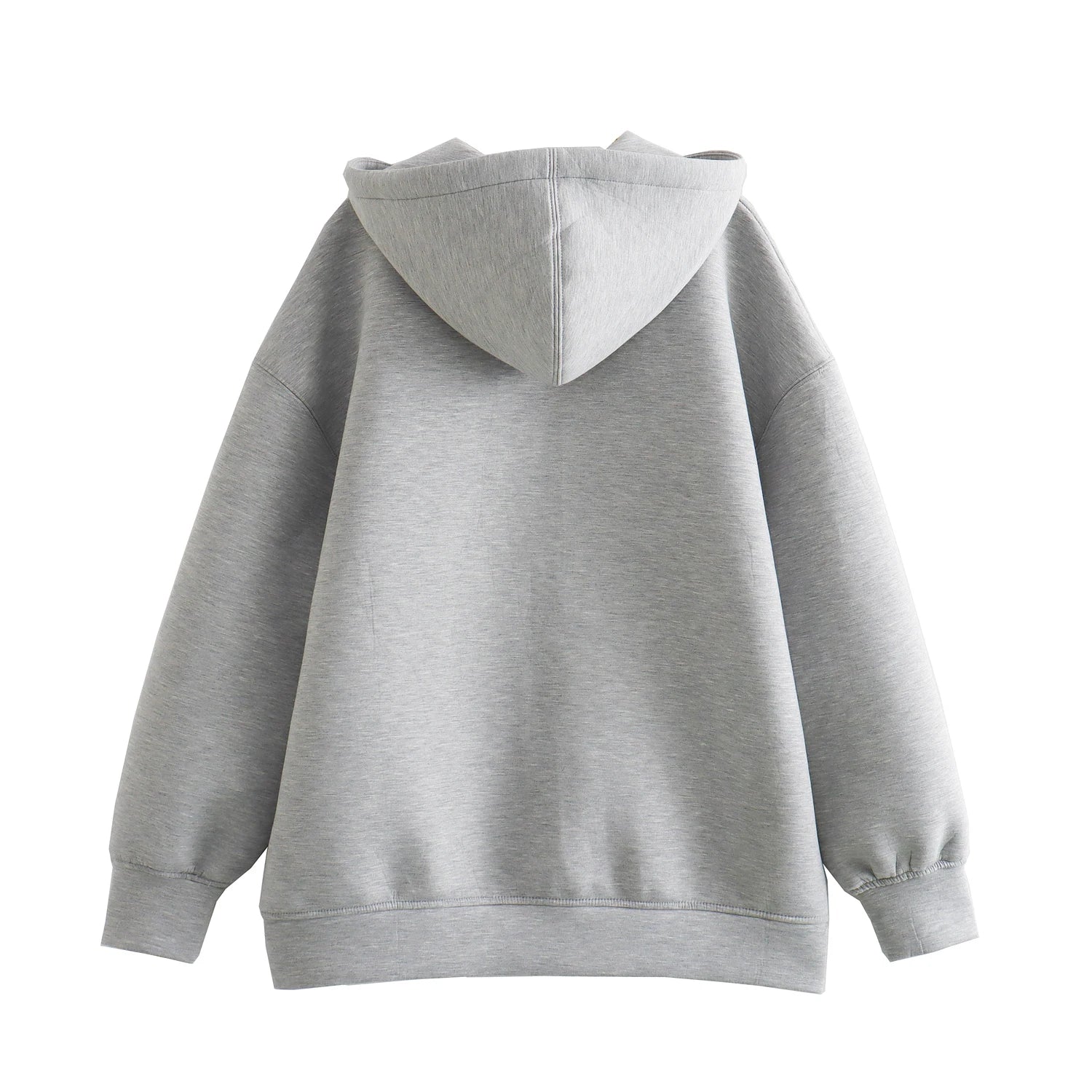 Back view of a gray oversized zip up hoodie for women with a cozy hood and wide sleeves