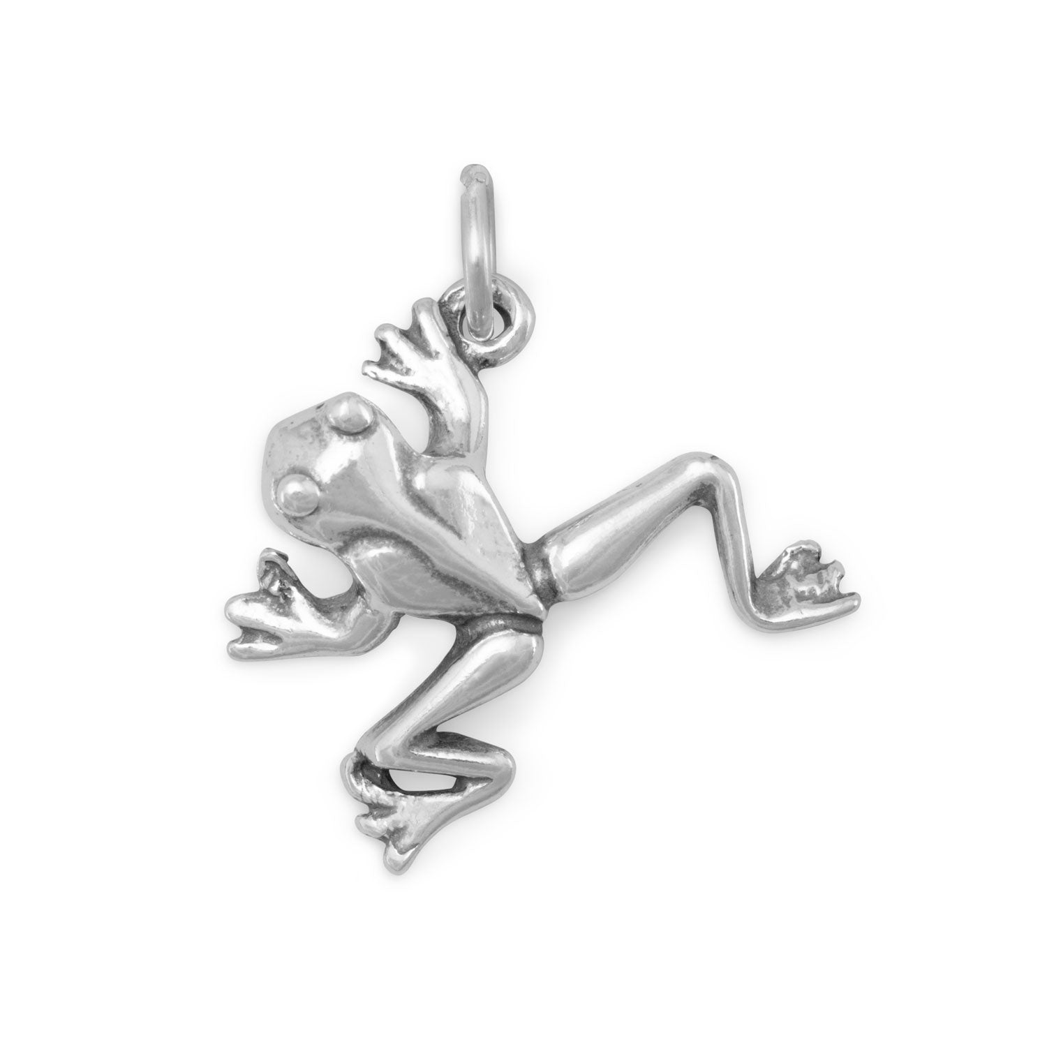 Oxidized tree frog charm in silver, featuring intricate details and a playful design