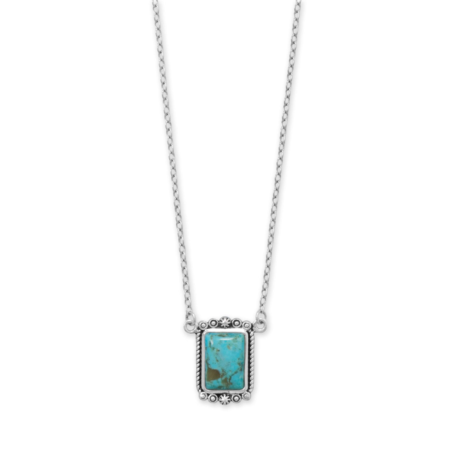 LuckeLadybug LLC oxidized turquoise necklace featuring a rectangular turquoise pendant on a silver chain