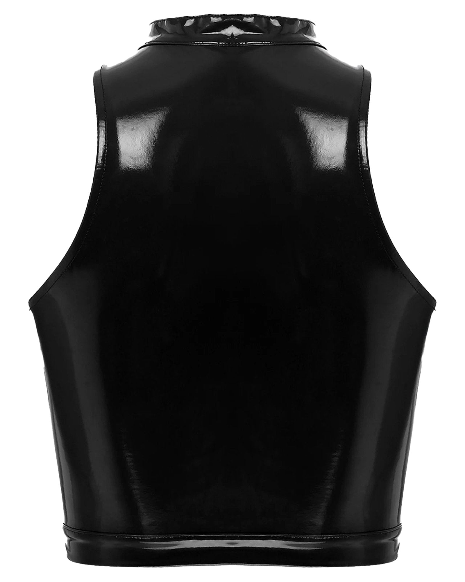 Back view of a glossy black womens gothic corset crop top with a high neck design