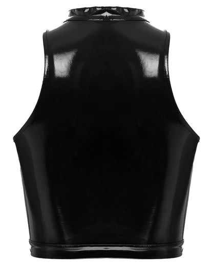 Back view of a glossy black womens gothic corset crop top with a high neck design