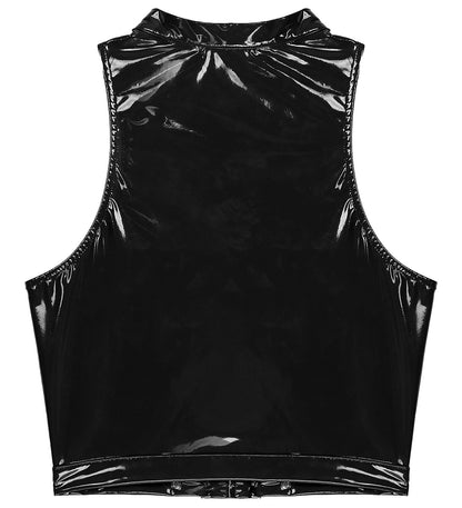 Black shiny back view of women's gothic corset crop top for edgy fashion enthusiasts
