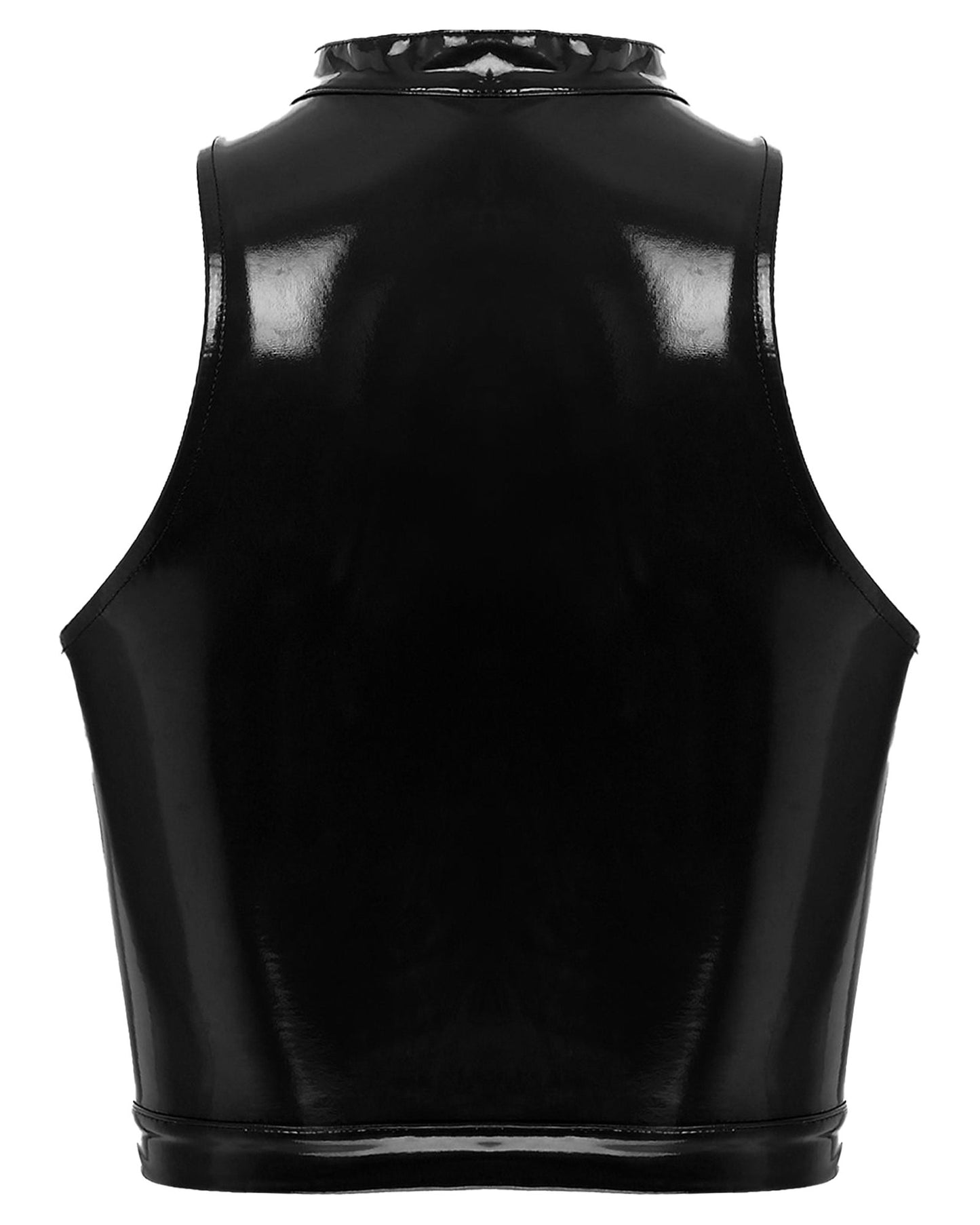 Back view of a sleek black womens gothic corset crop top with a high neckline and fitted design
