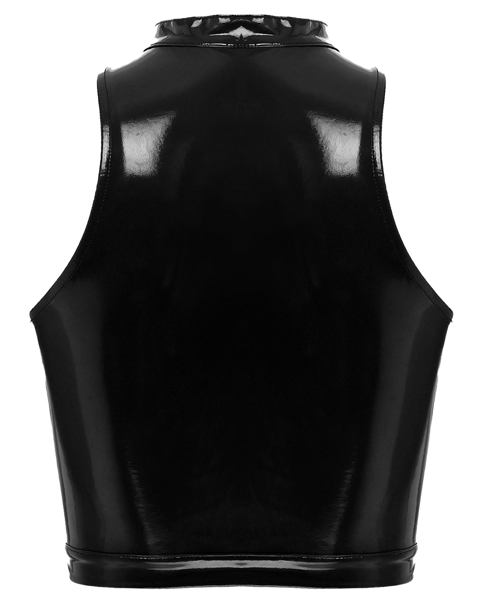 Back view of a sleek black womens gothic corset crop top with a high neckline and fitted design
