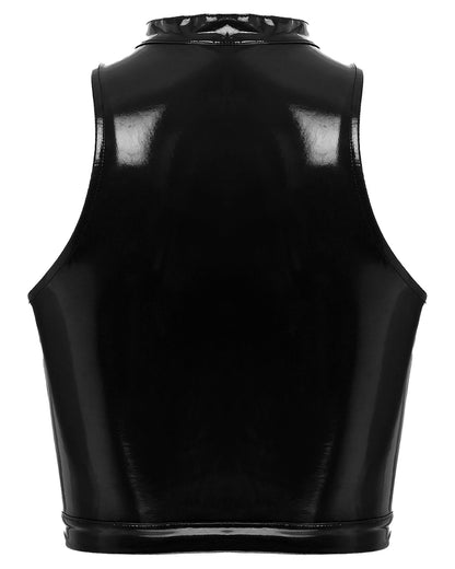 Back view of a sleek black womens gothic corset crop top with a high neckline and fitted design