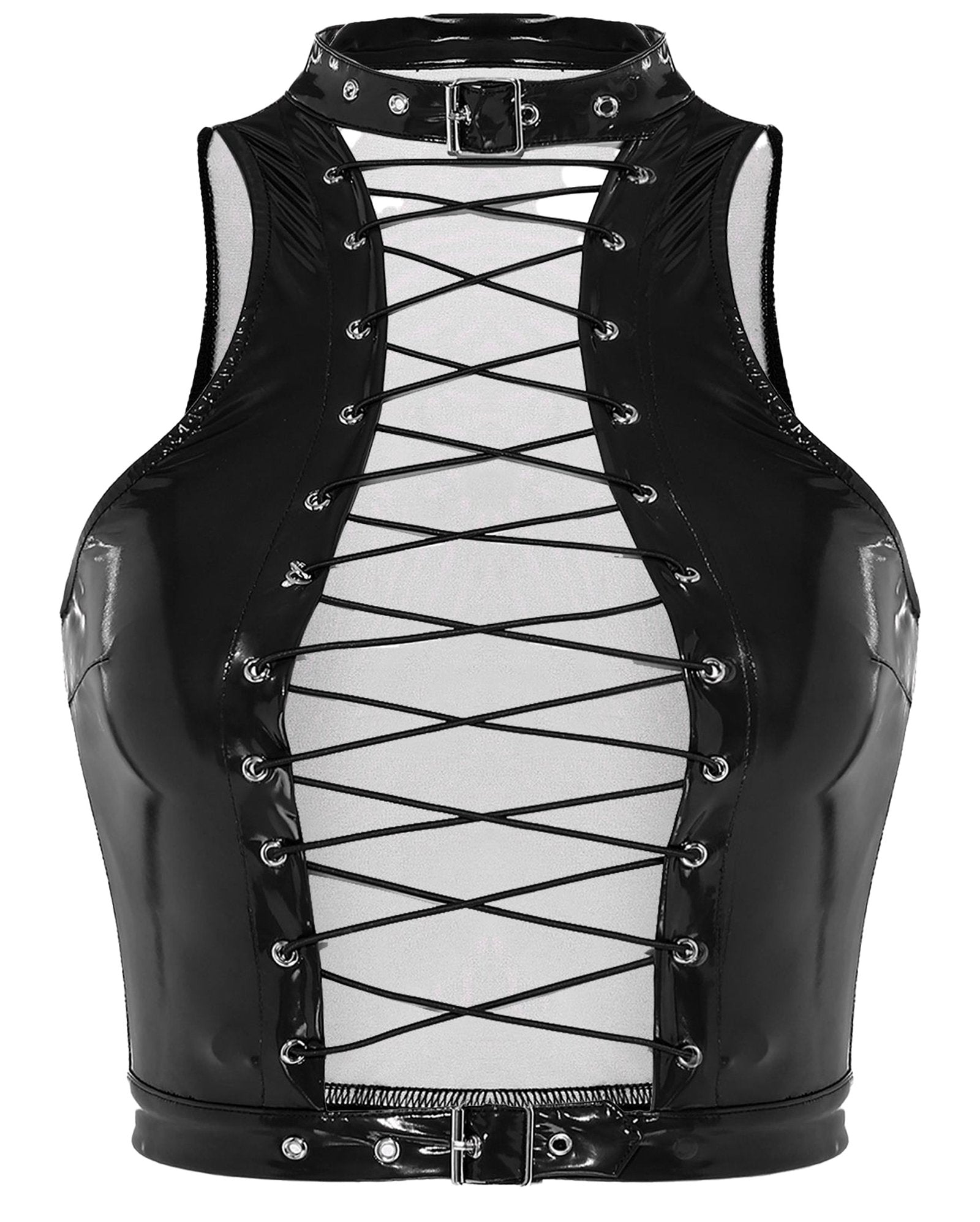 LuckeLadybug LLC Womens Gothic Corset Crop Top in Black with Lace-Up Front Design