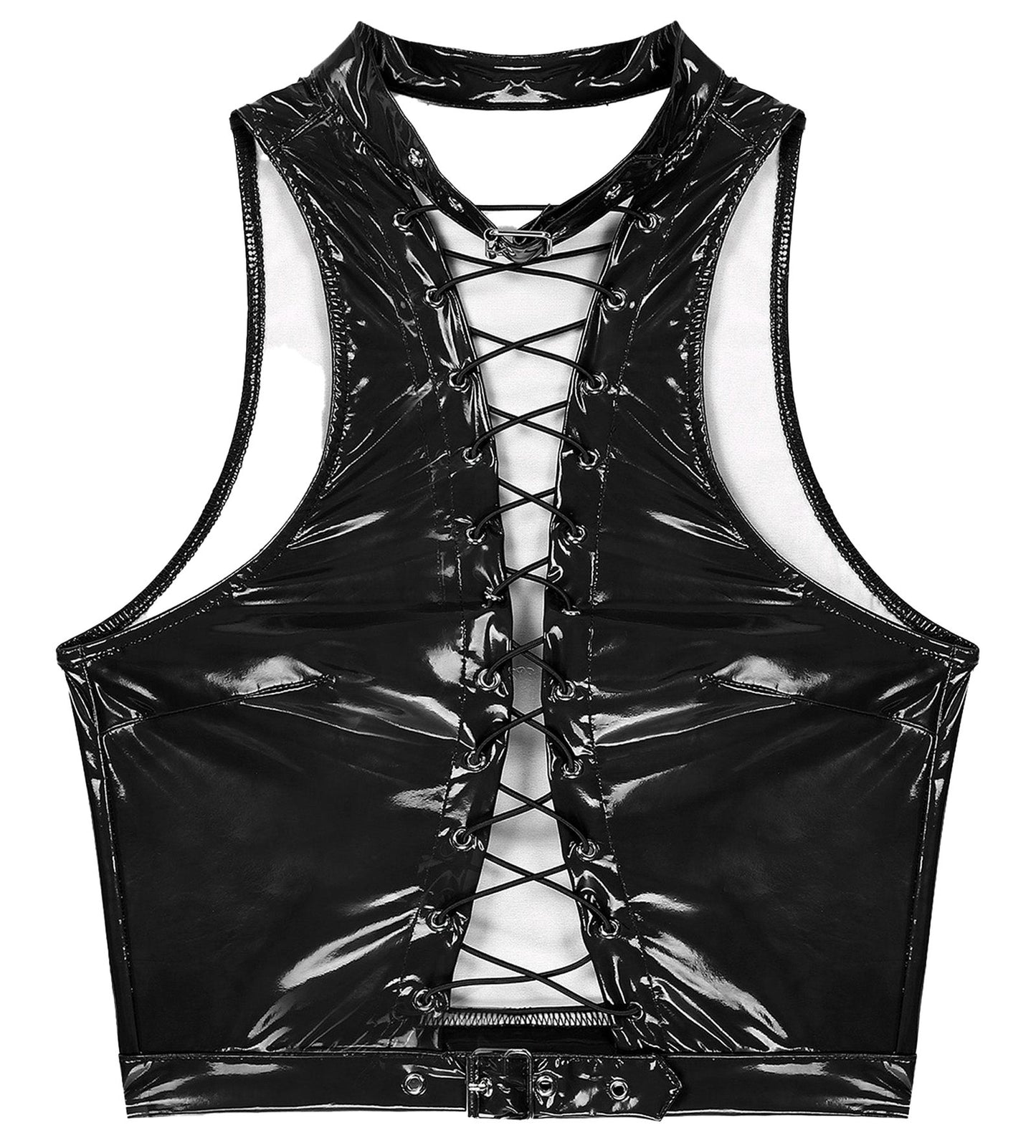 Womens gothic corset crop top in black with lace-up front and sleek glossy fabric design