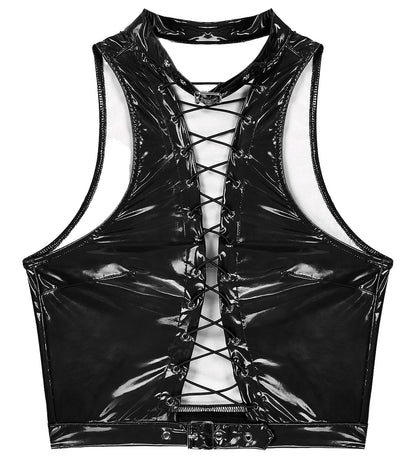Womens gothic corset crop top in black with lace-up front and sleek glossy fabric design