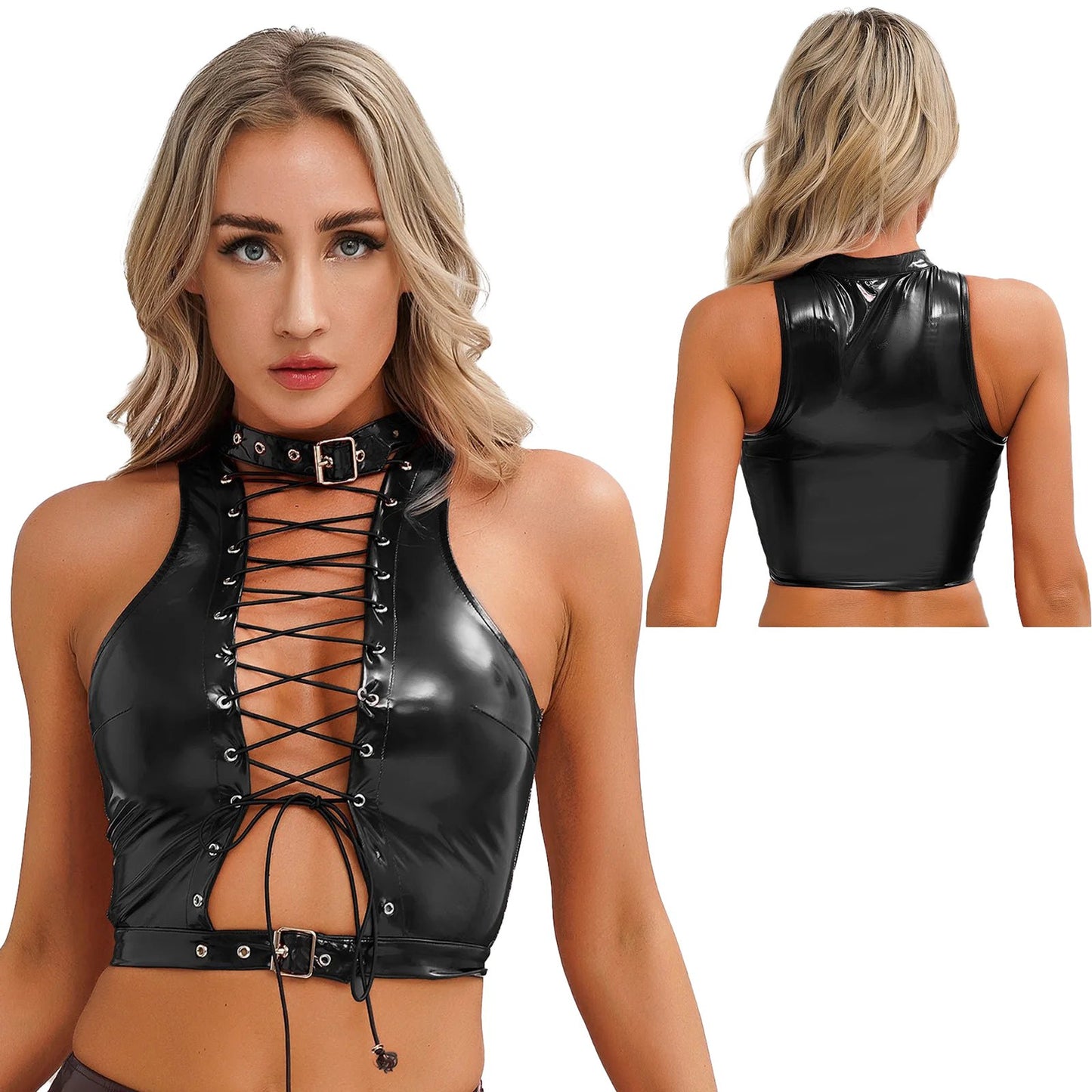 Womens gothic corset crop top in black with lace-up front and choker detail for a bold style