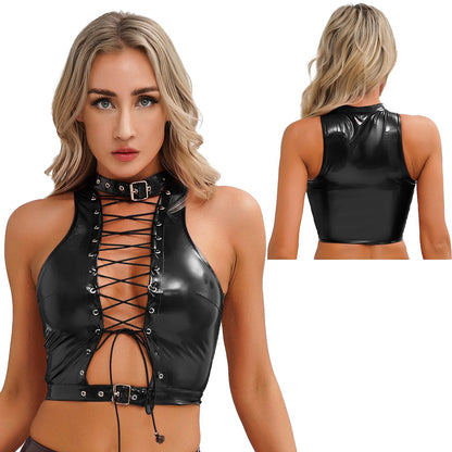 Womens gothic corset crop top in black with lace-up front and choker detail for a bold style
