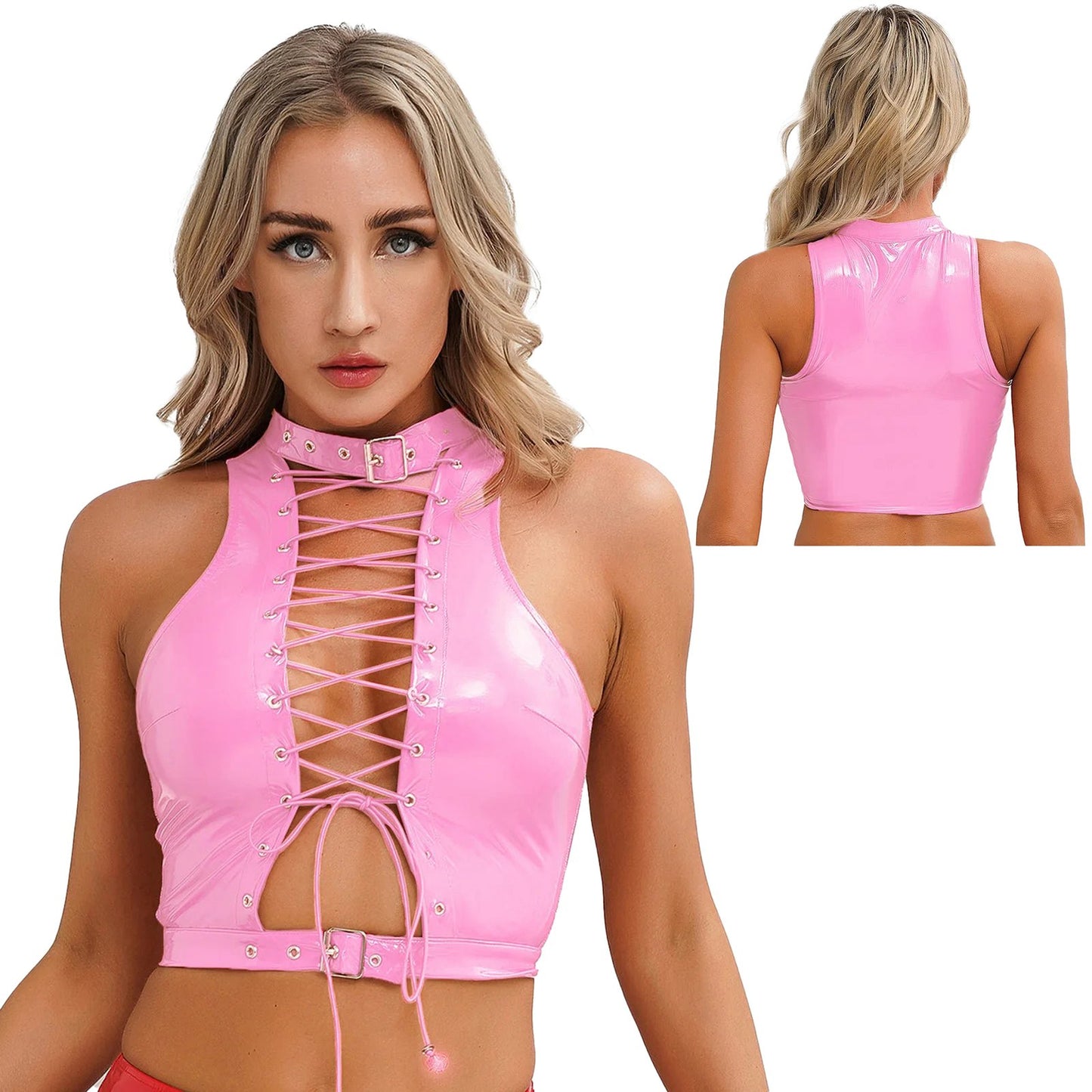 Womens gothic corset crop top in pink with lace-up front design and choker collar for bold fashion statements