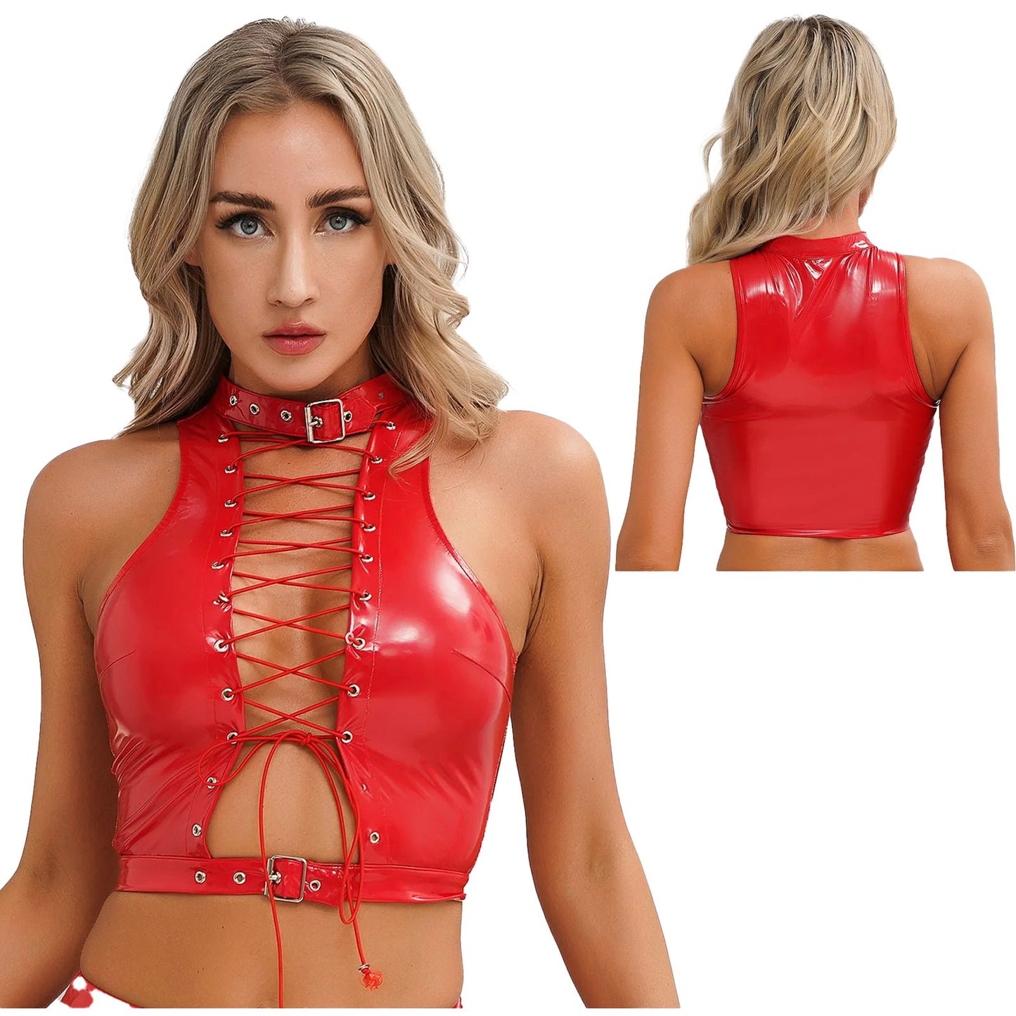 Red women's gothic corset crop top with lace-up front and high neckline from LuckeLadybug LLC