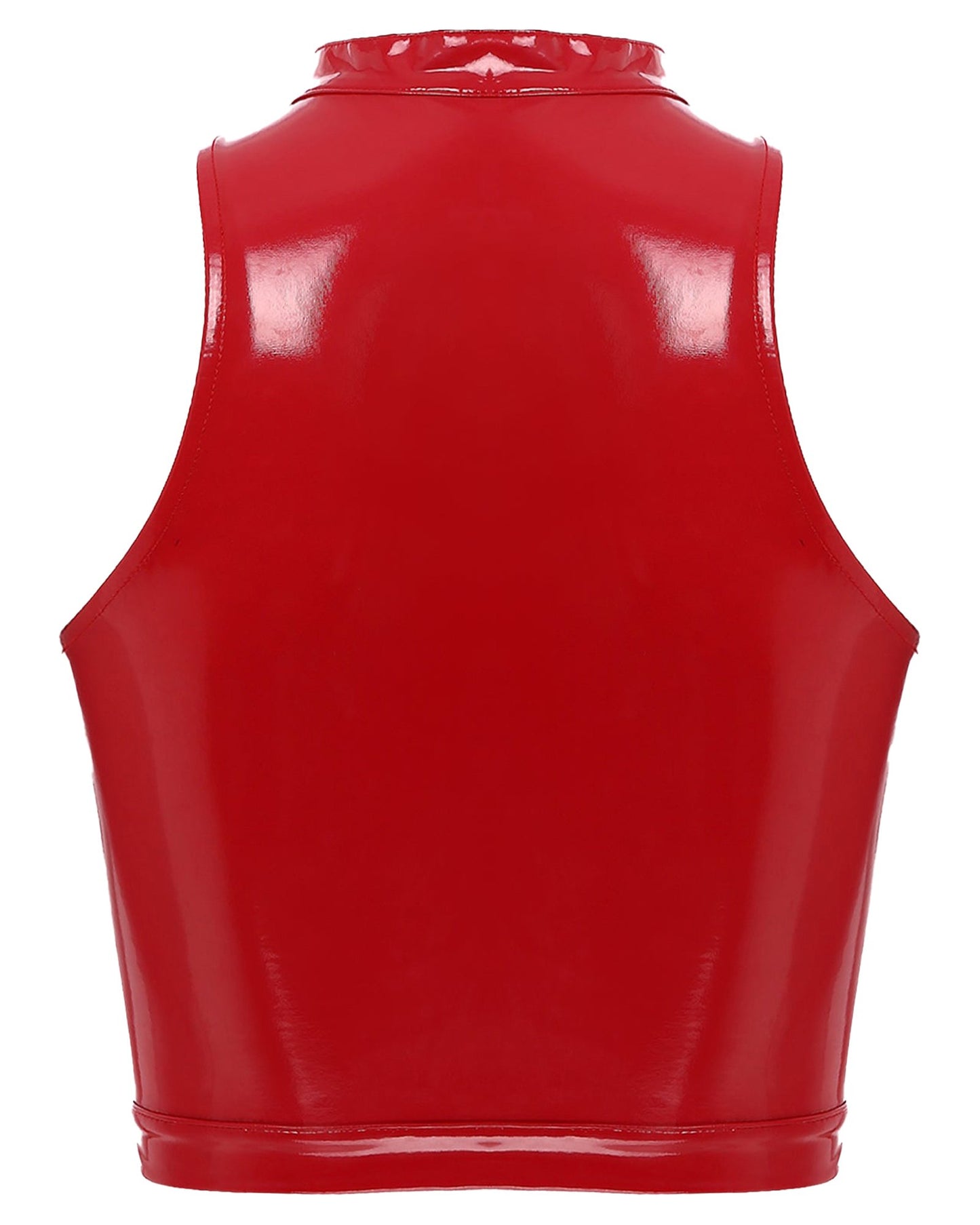 Red womens gothic corset crop top with a sleek, shiny finish and high neck design