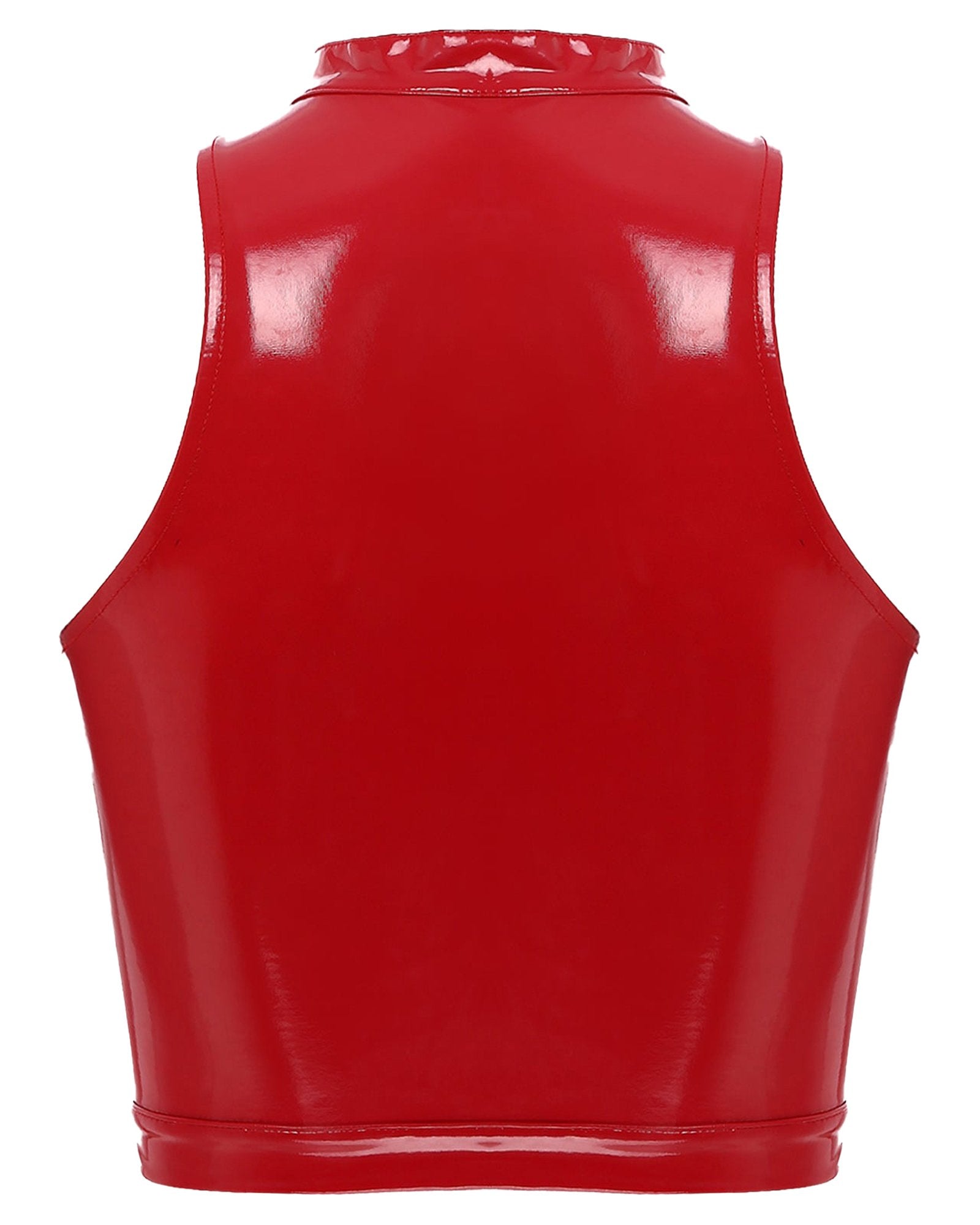 Red womens gothic corset crop top with a sleek, shiny finish and high neck design