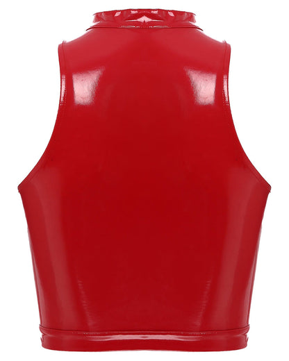 Red womens gothic corset crop top with a sleek, shiny finish and high neck design