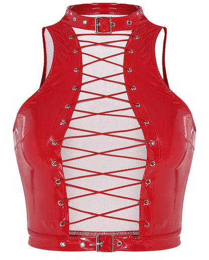 Red women's gothic corset crop top with lace-up detail and high neck design