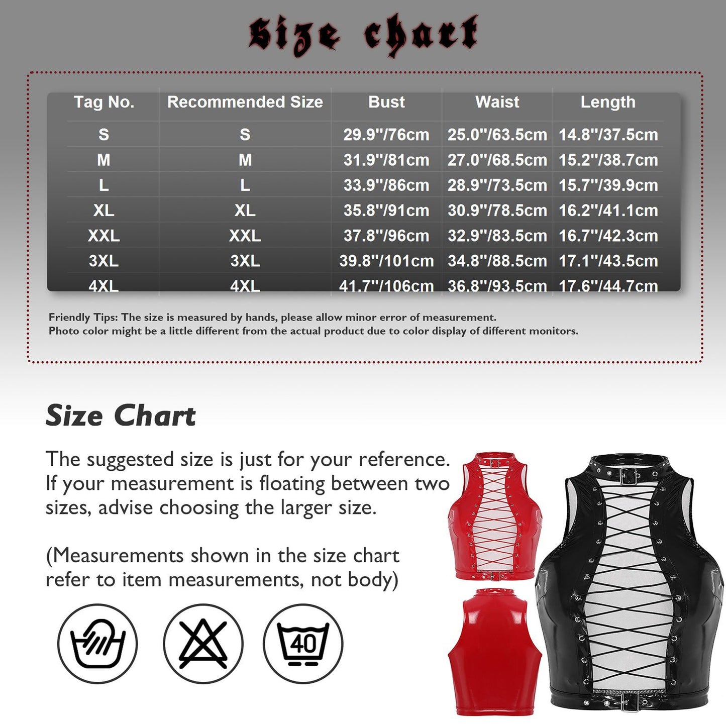 Size chart for womens gothic corset crop top with recommended bust, waist, and length measurements