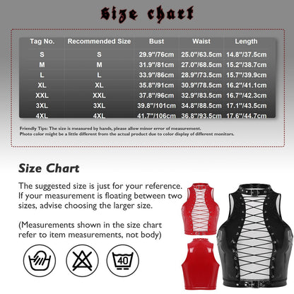 Size chart for womens gothic corset crop top with recommended bust, waist, and length measurements