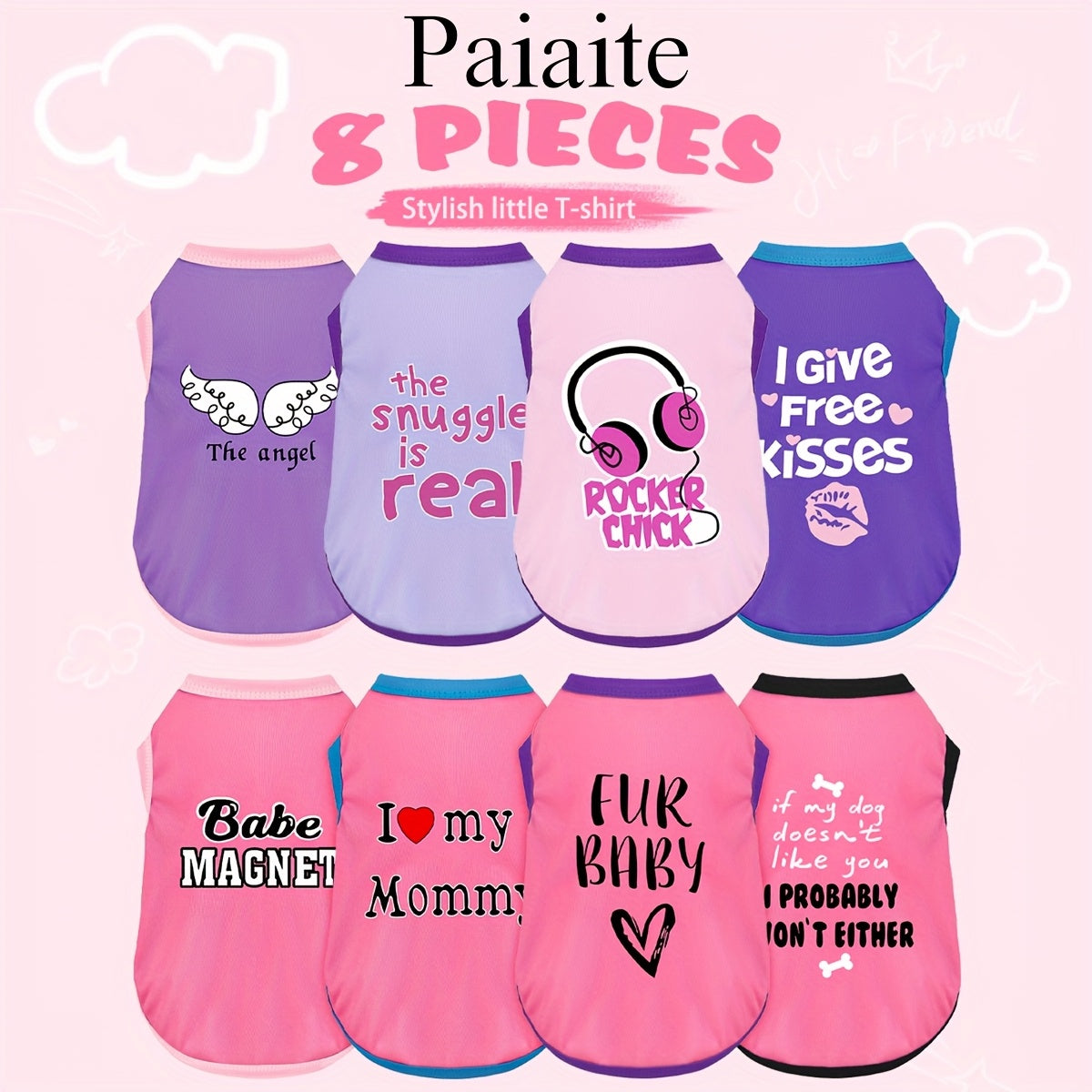 Colorful set of cute dog shirts for small dogs featuring fun designs and phrases