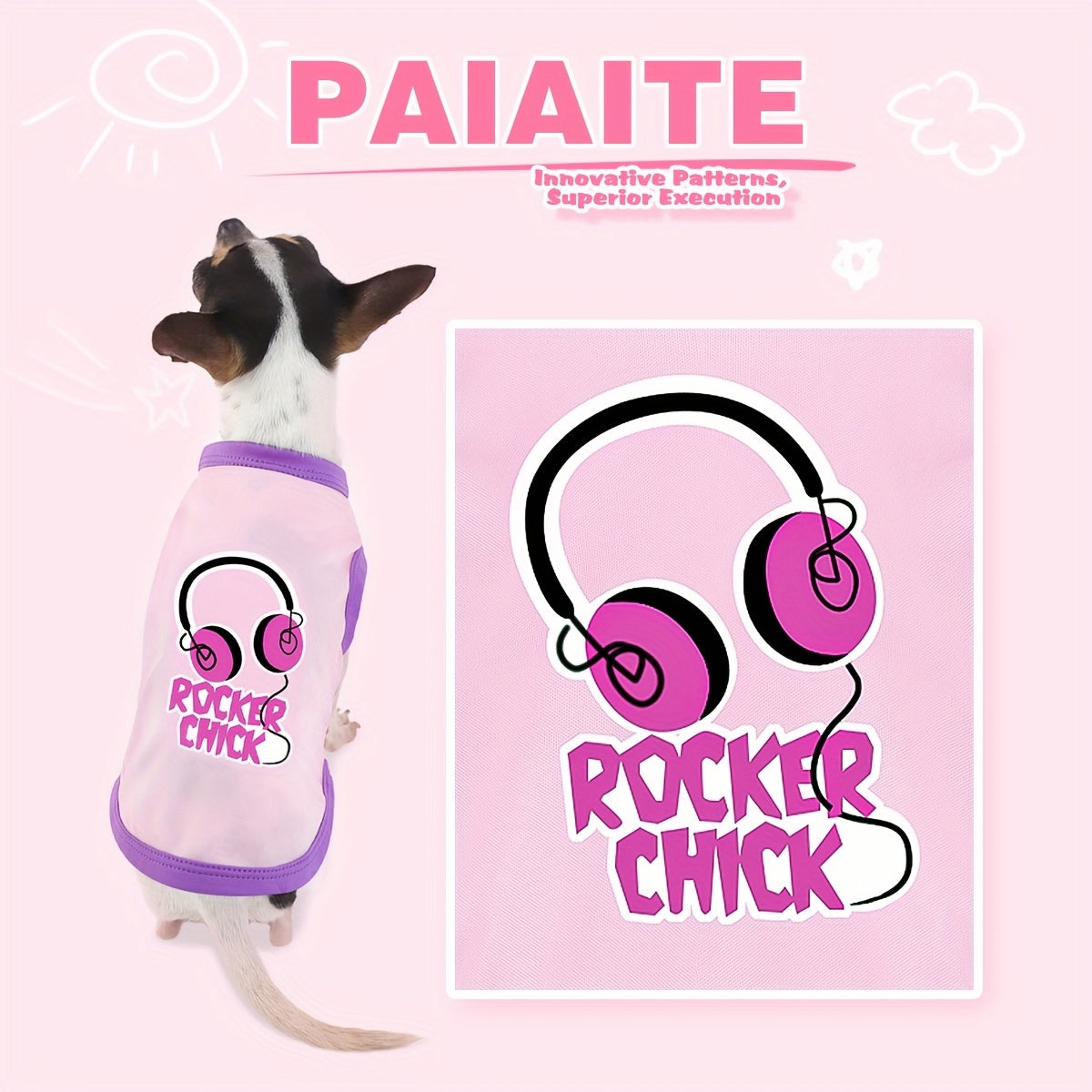 Cute dog shirts for small dogs featuring a Rocker Chick design with a pink background and headphones