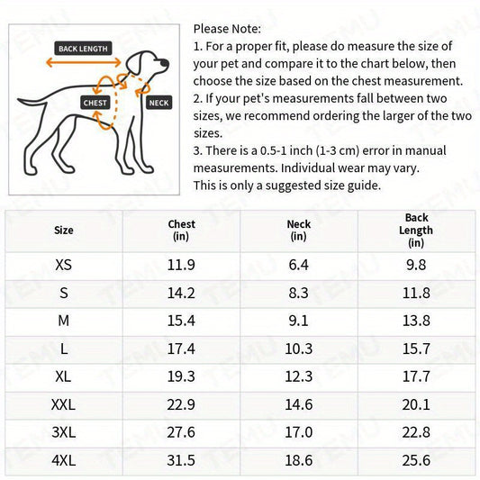 Size chart for cute dog shirts for small dogs with measurements for chest, neck, and back length.