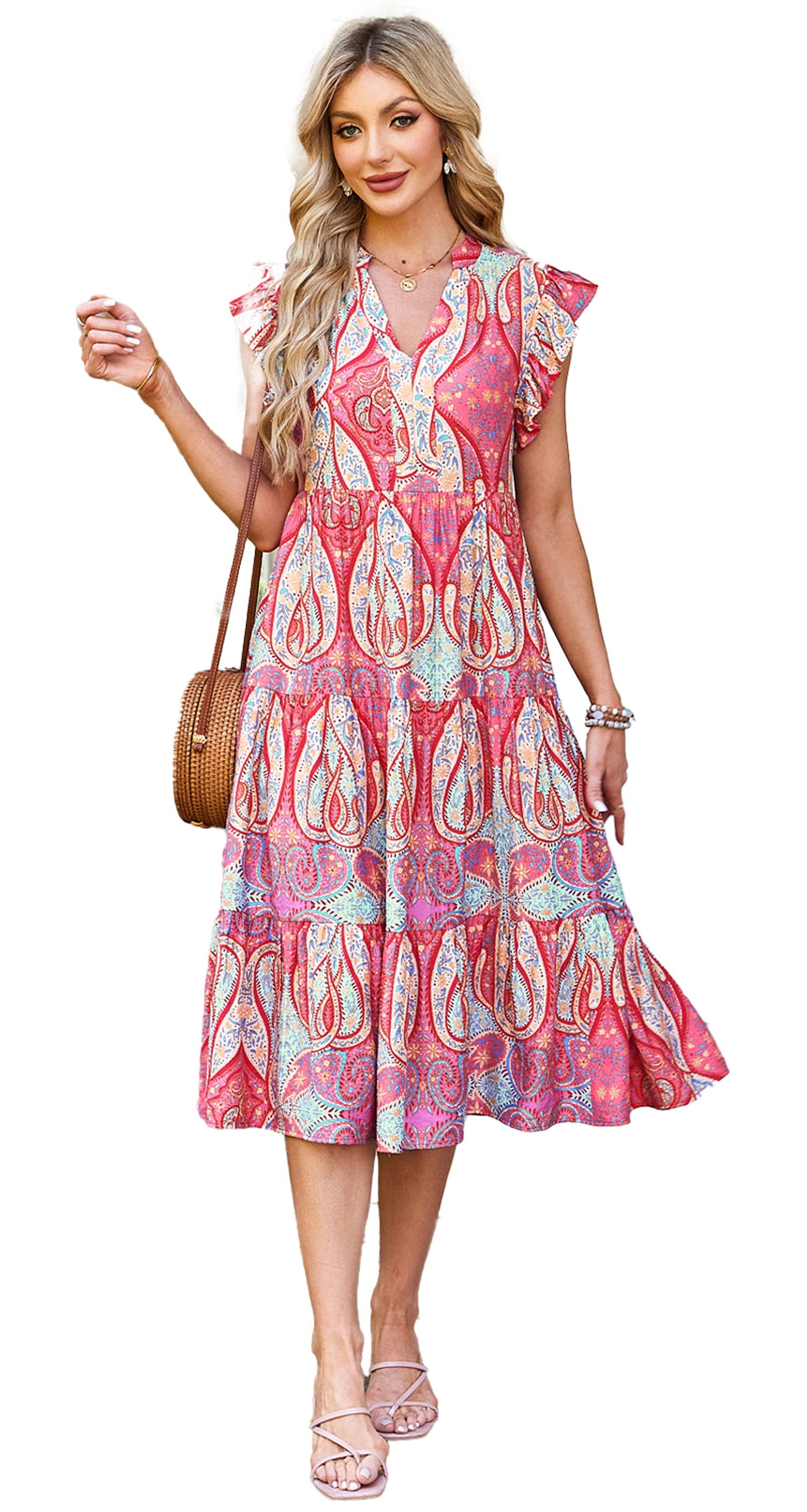 LuckeLadybug paisley print midi dress in vibrant colors with flutter sleeves for a stylish summer look