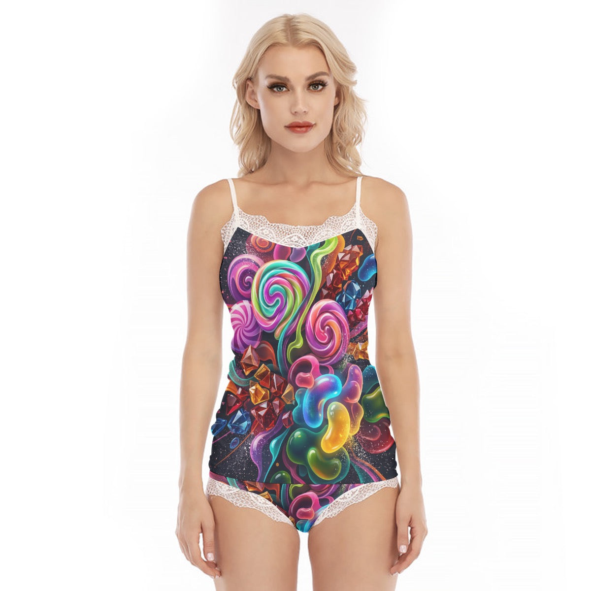 Colorful and vibrant LuckeLadybug cami, perfect for a cozy pajama set with lacy details