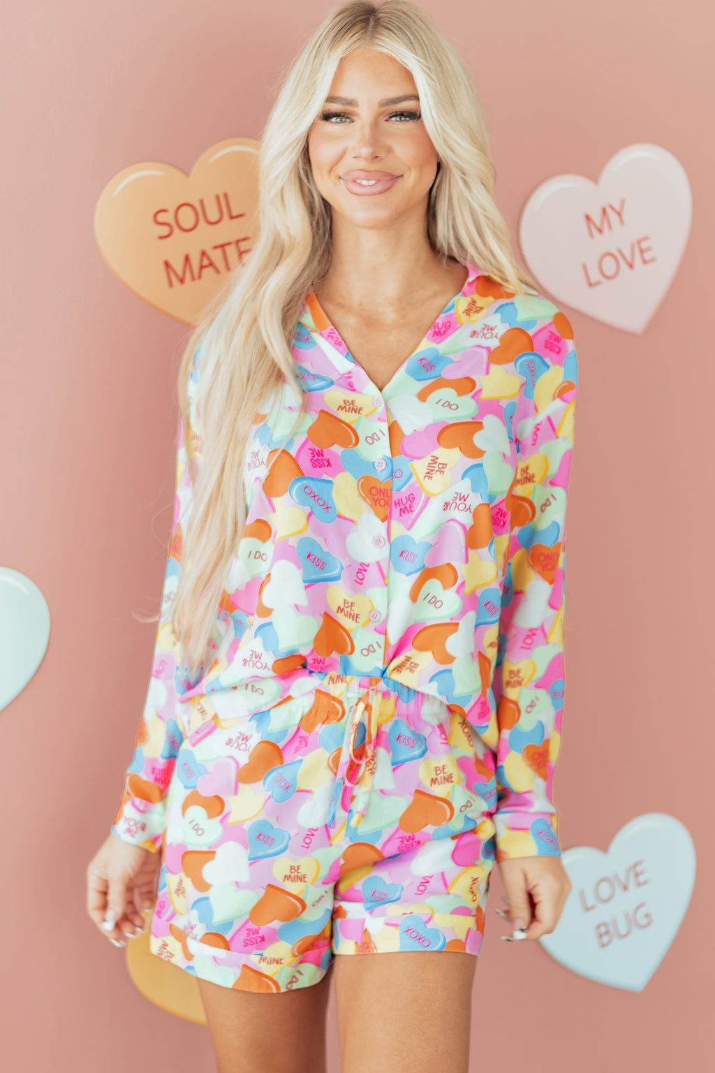 Colorful LuckeLadybug LLC pajama set featuring playful heart patterns and a comfortable fit