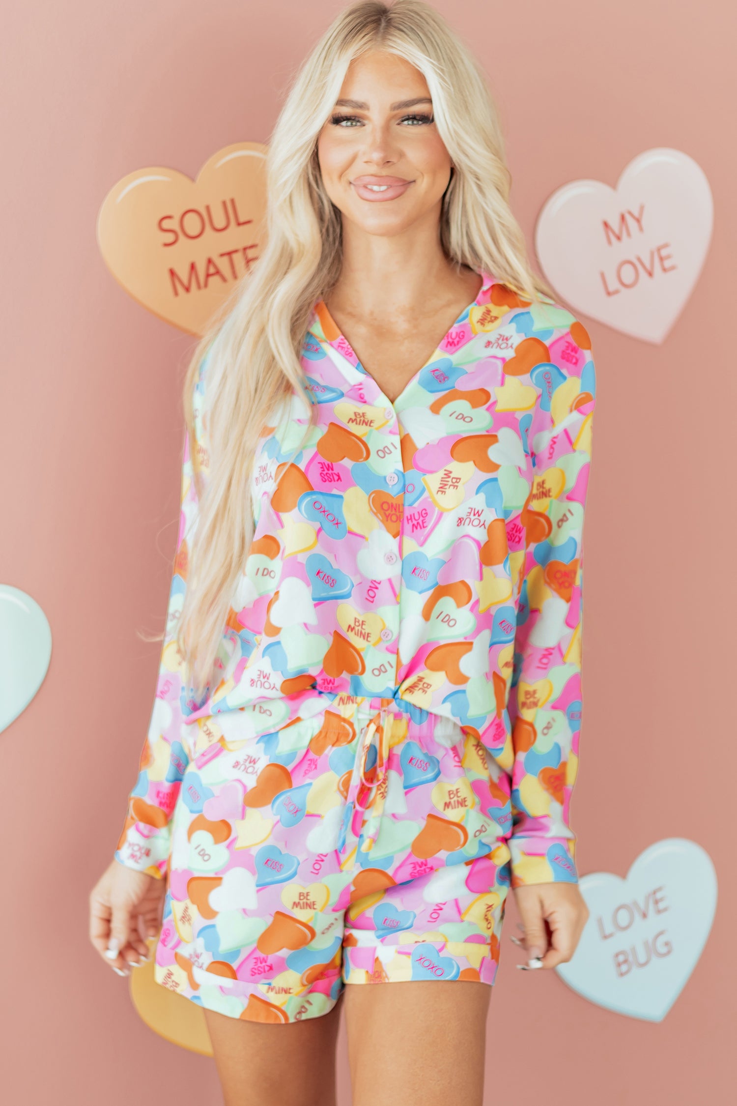 Colorful LuckeLadybug LLC pajama set featuring playful heart patterns and a comfortable fit