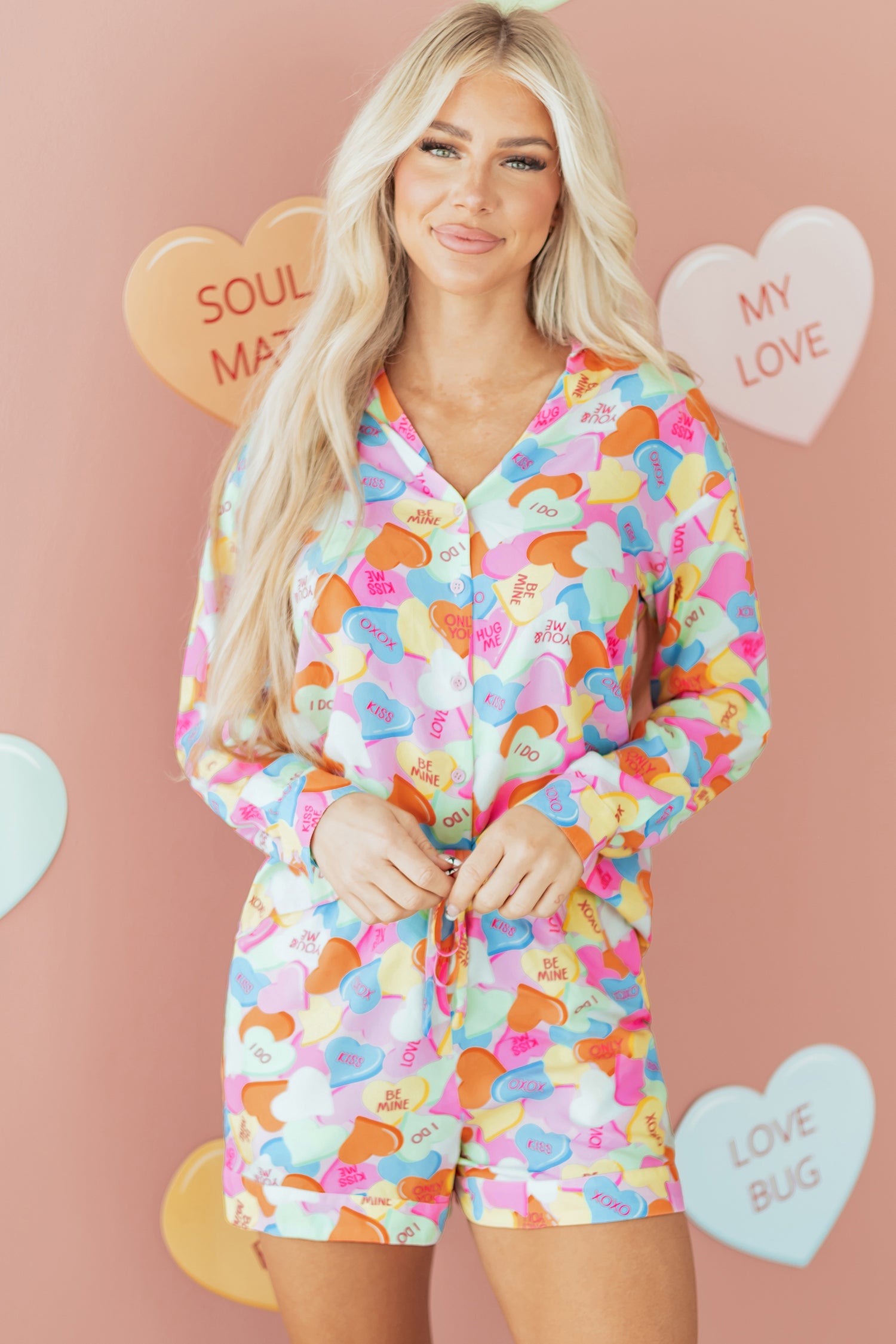Colorful LuckeLadybug LLC pajama set featuring playful heart designs and a cozy fit for relaxation