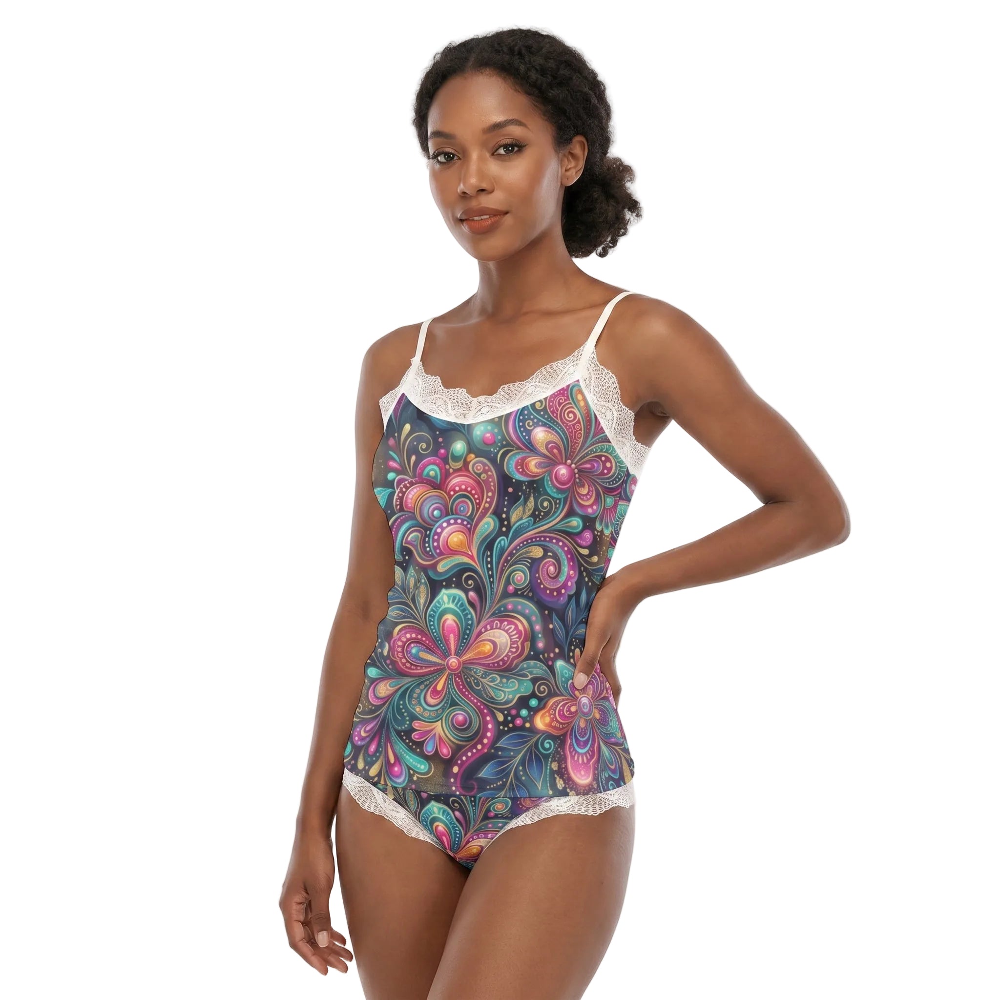 LuckeLadybug floral cami top from a pajama set with lace details for comfortable sleepwear