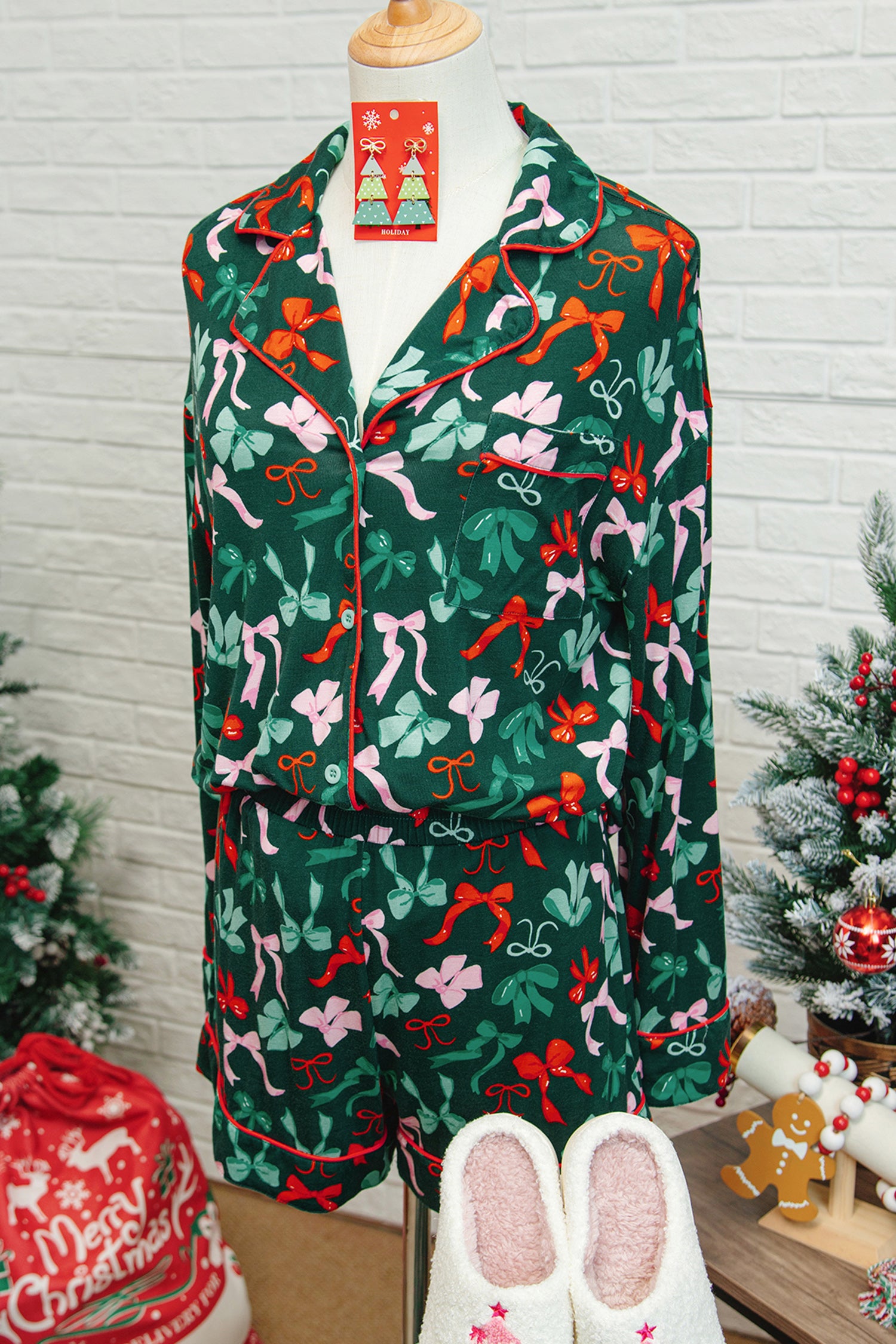 LuckeLadybug LLC festive pajama set with colorful holiday patterns on a mannequin