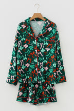 LuckeLadybug LLC pajama set featuring a green floral design with short sleeves and matching shorts