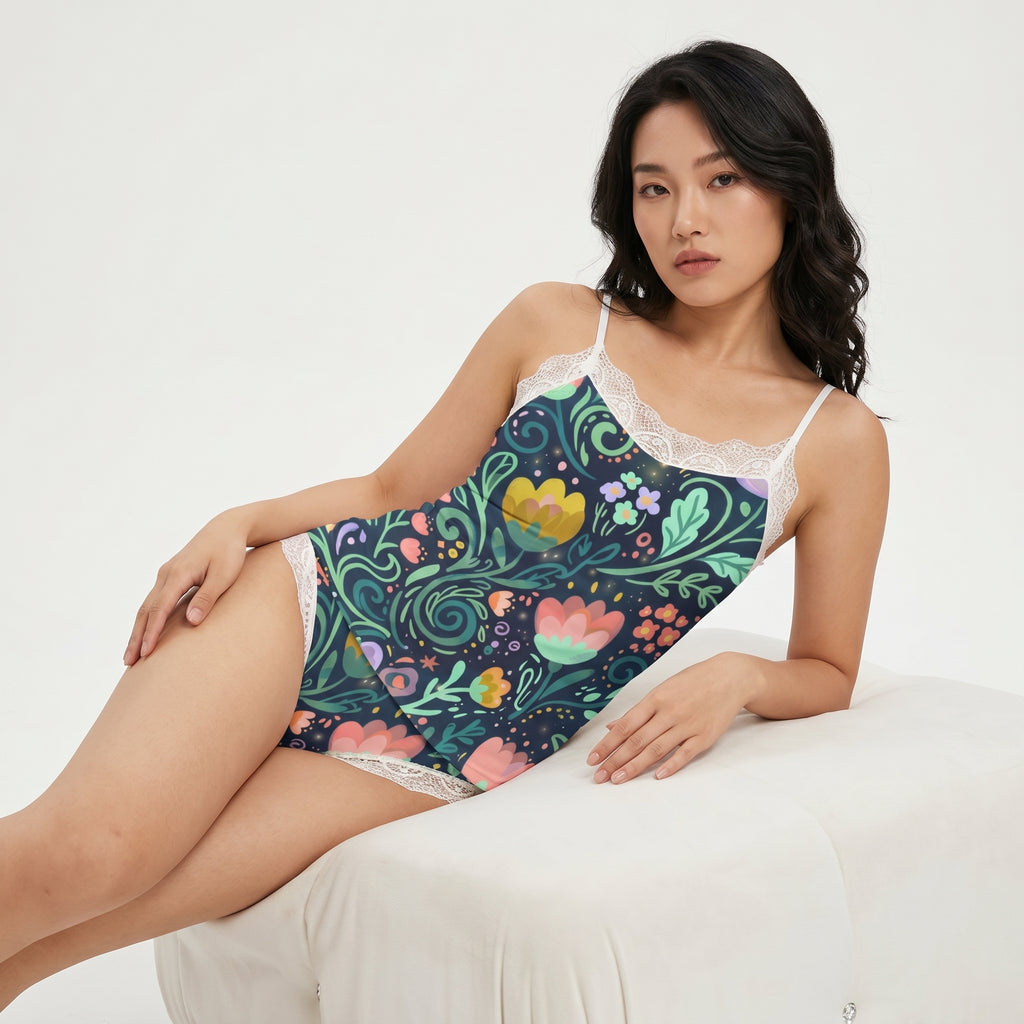 LuckeLadybug Floral Cami in Black Lace, Perfect Addition to Any Pajama Set