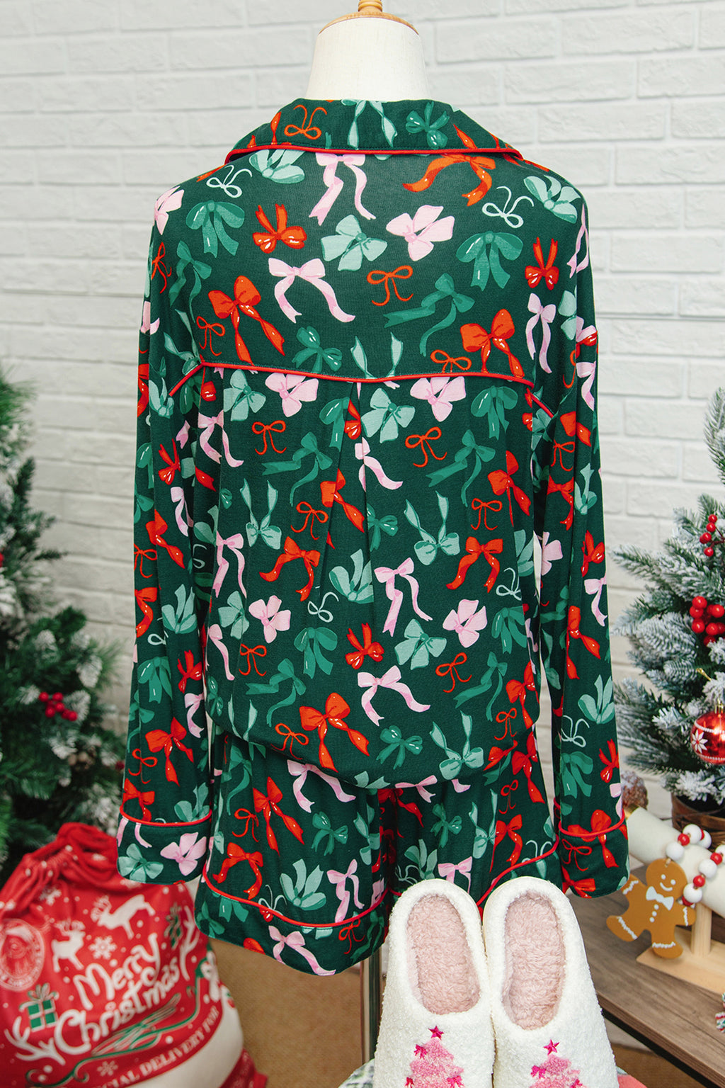 LuckeLadybug LLC Christmas-themed pajama set featuring festive patterns and cozy shorts