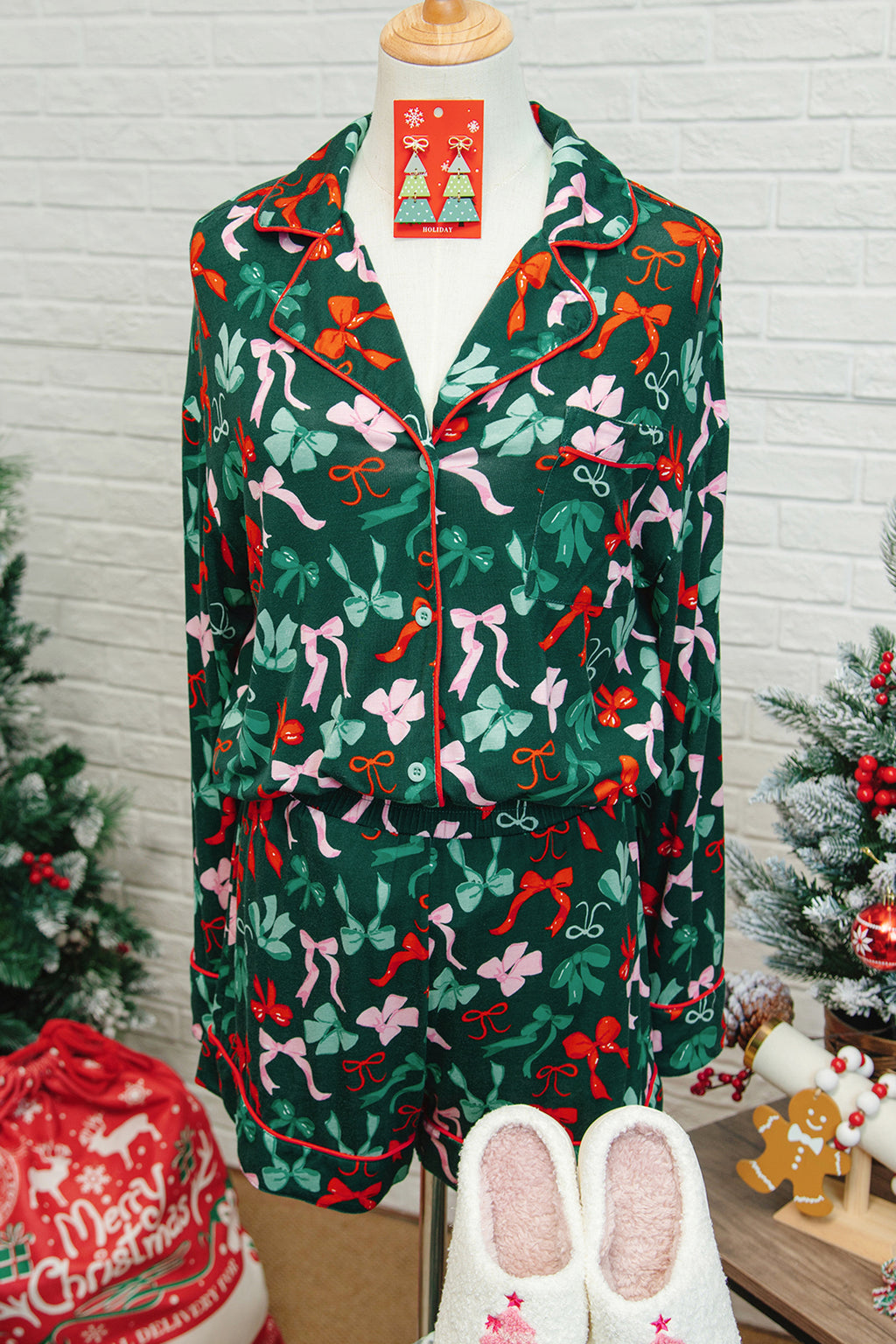LuckeLadybug LLC Pajama Set featuring festive floral patterns in green and red with matching shorts