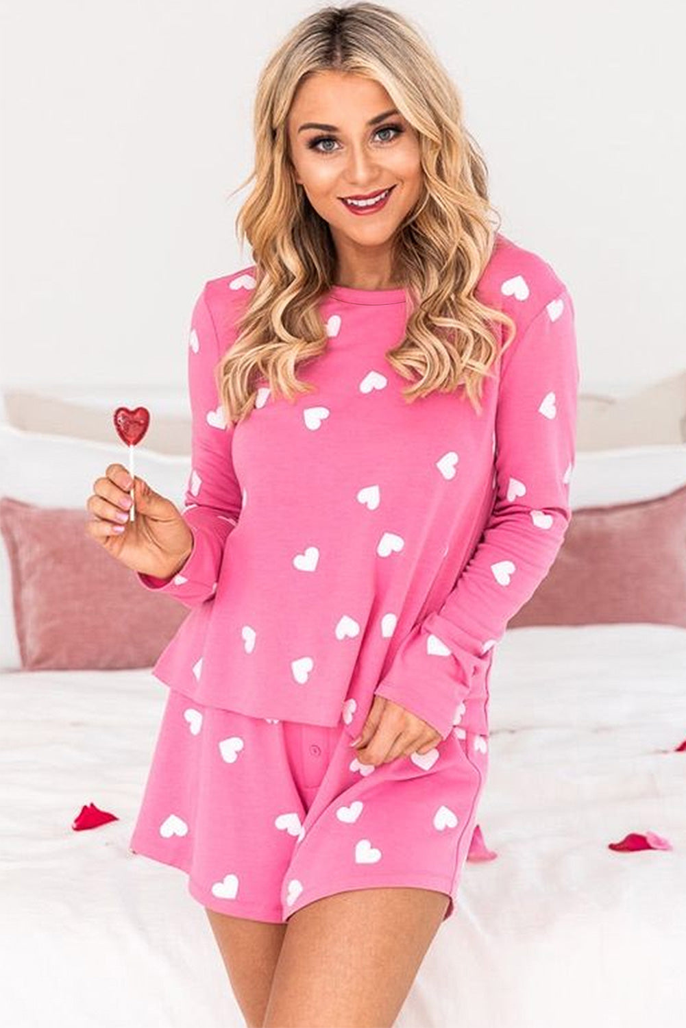 LuckeLadybug LLC Pink Shorts with White Heart Print for Cute and Comfortable Loungewear