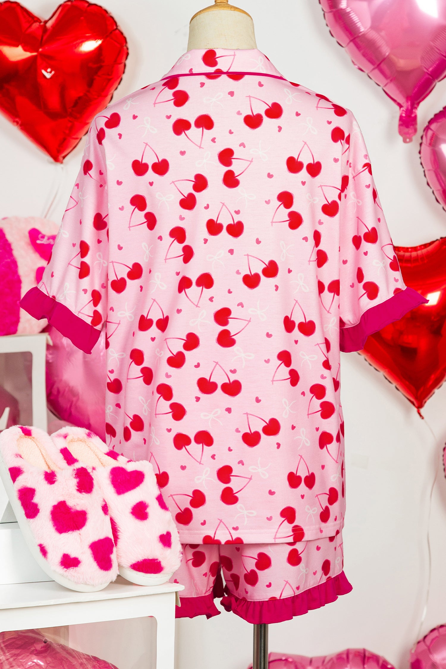 LuckeLadybug LLC Pink Cherry Print Pajama Set Shorts with Ruffle Hem and Matching Top