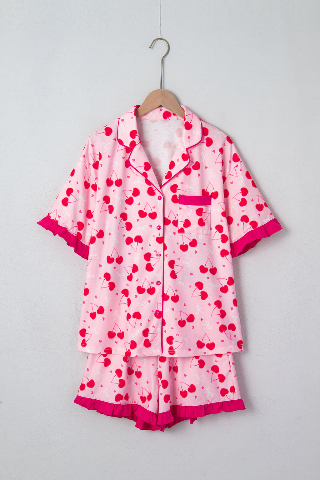 LuckeLadybug LLC Cherry Print Pajama Set with Cute Shorts and Short Sleeves for Comfortable Sleepwear