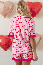 LuckeLadybug LLC pink pajama set with cherry pattern and ruffled shorts for comfortable sleepwear