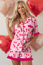 LuckeLadybug LLC Pink Cherry Print Pajama Set with Ruffle Shorts and Button-Up Top