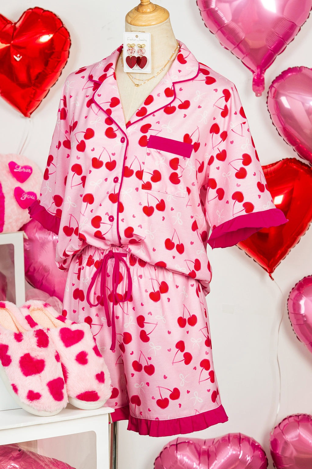 LuckeLadybug LLC cherry print pajama set in pink with shorts and matching top for comfortable sleepwear
