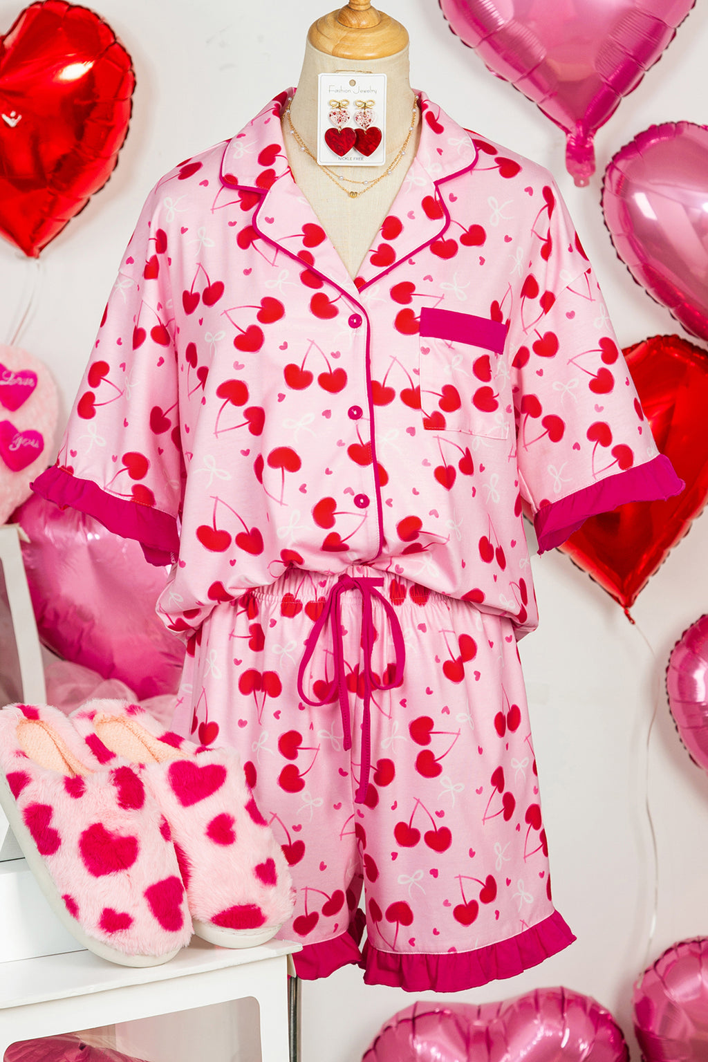 LuckeLadybug LLC Cherry Print Pajama Set for Comfort and Style with Soft Shorts and Top