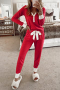 Red LuckeLadybug LLC pajama set with a comfortable top and pants featuring a stylish drawstring