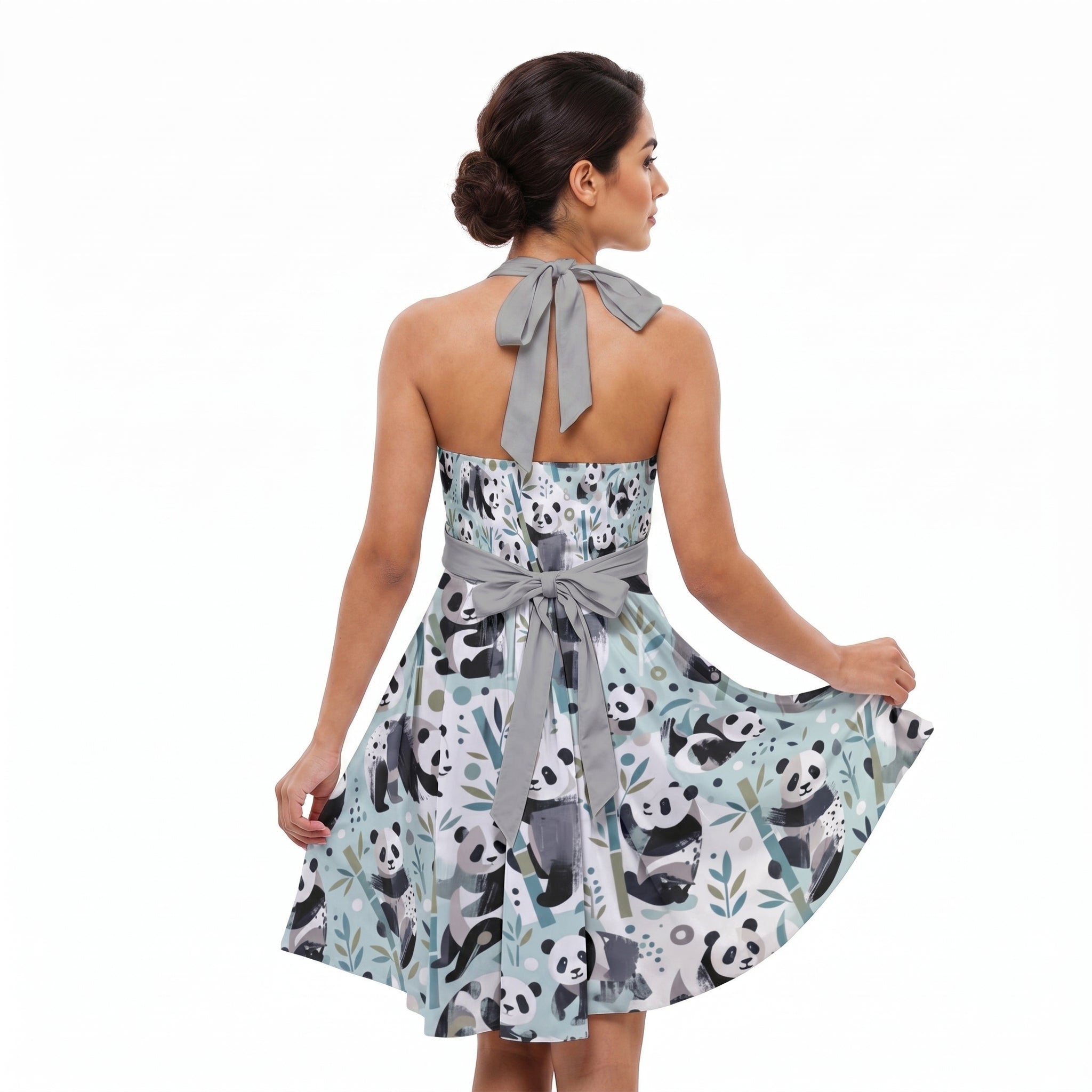 LuckeLadybug Cute Panda Print Fit and Flare Skater Dress with Bow Tie Back