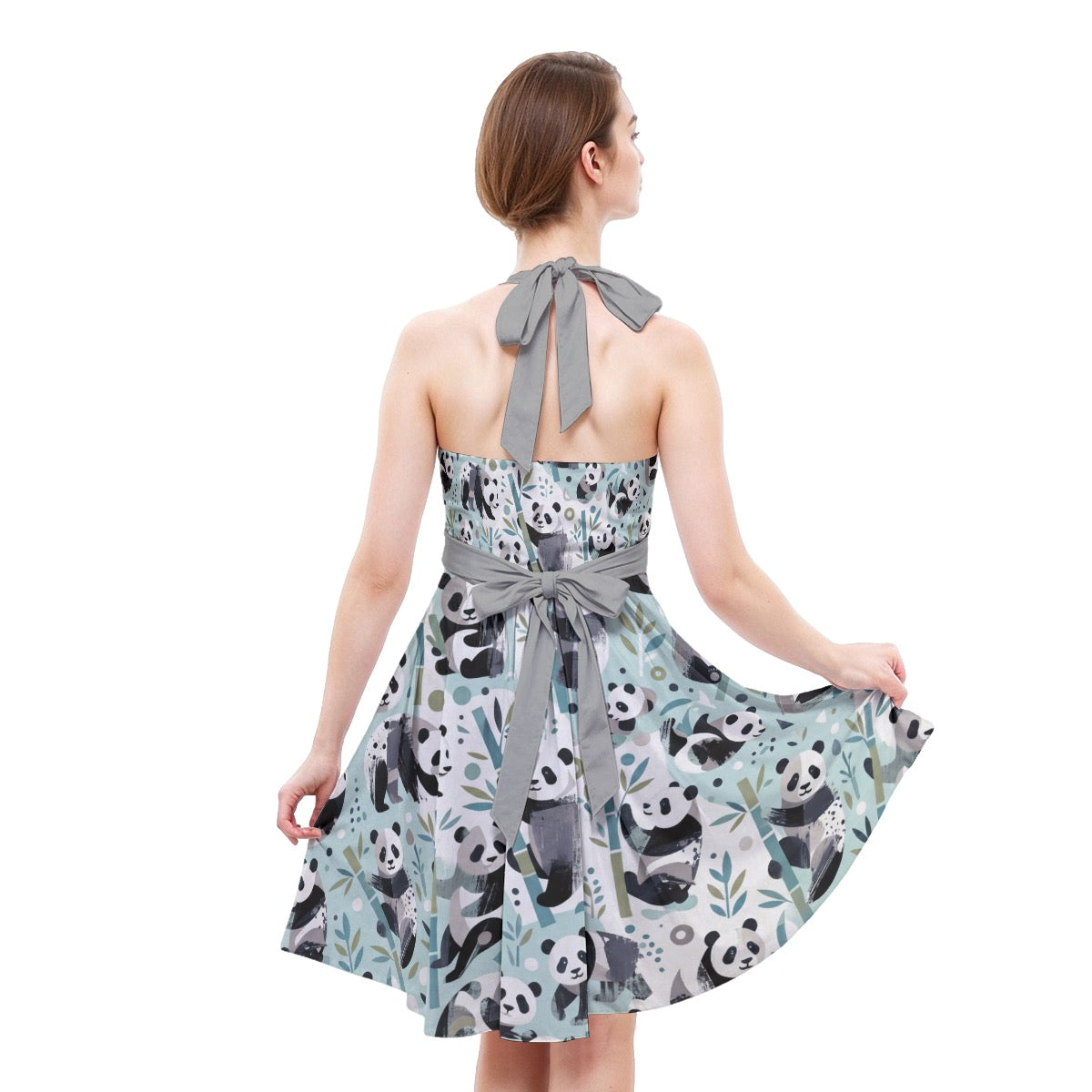 LuckeLadybug Fit & Flare Skater Dress with Panda Print and Halter Neck Design