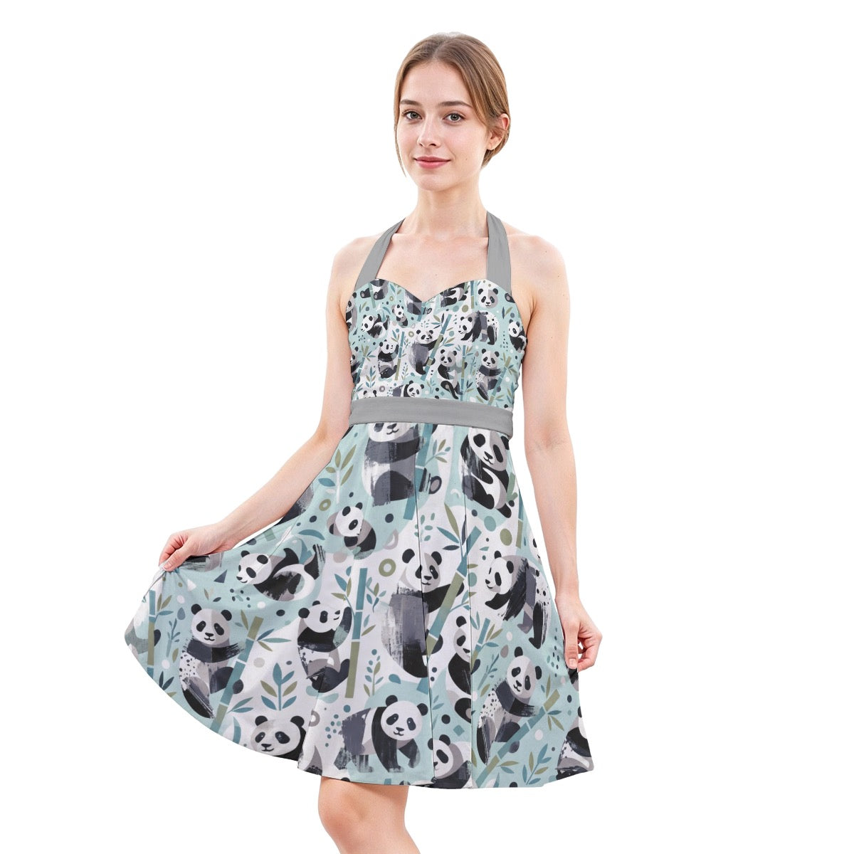 LuckeLadybug skater dress with panda print and halter neck design for playful summer style