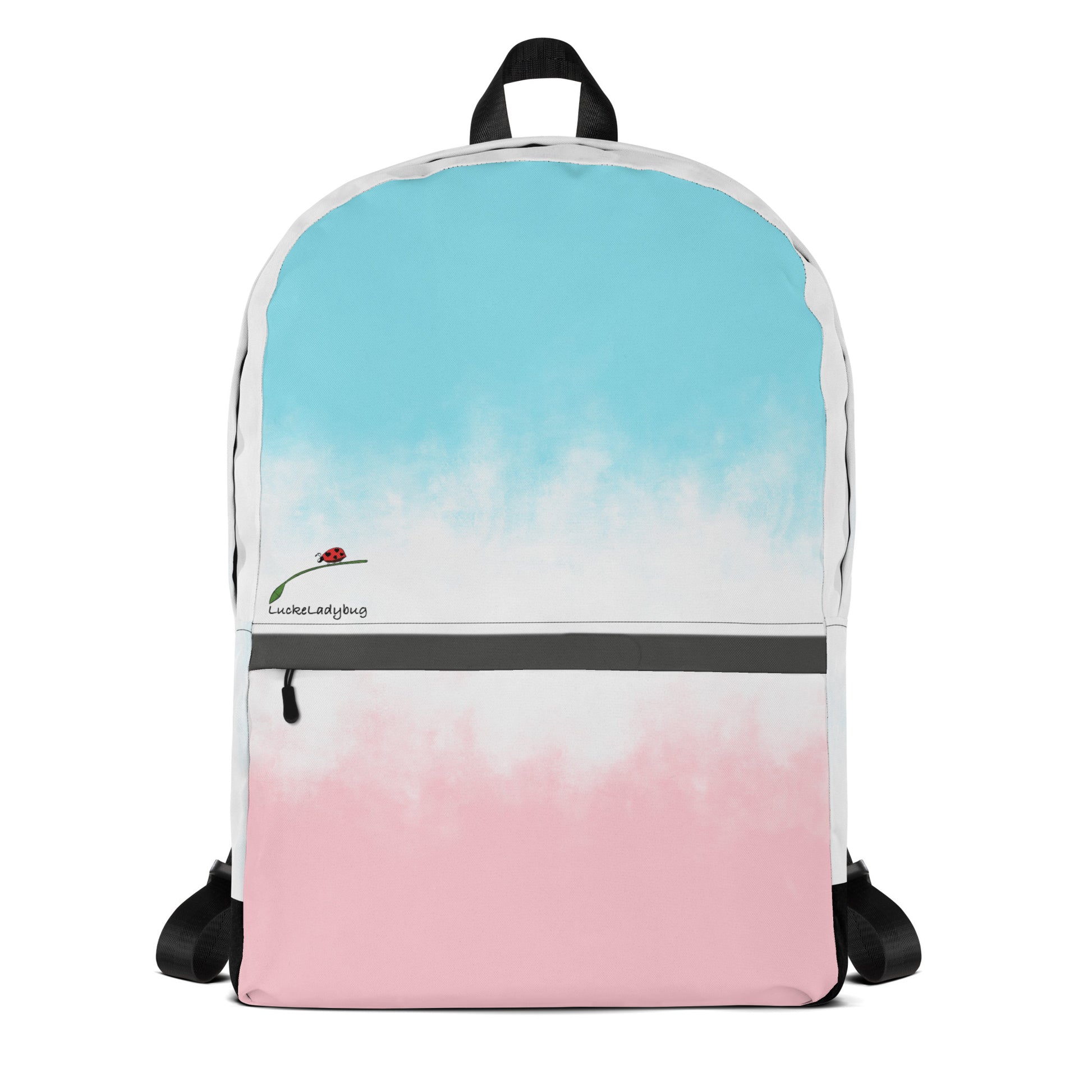 LuckeLadybug pastel tie dye bag for students with blue and pink gradient and front zipper pocket