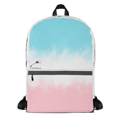 LuckeLadybug pastel tie dye bag for students with blue and pink gradient and front zipper pocket